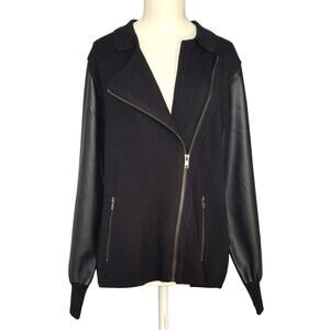 Sioni Black Moto Jacket Women’s Size M Faux Leather Sleeves Asymmetrical Zip